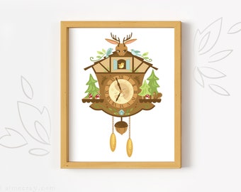 Printable Woodland Cuckoo Clock Wall Art, Woodland Animals Art Print, PDF Download for Nursery decor or printable cards