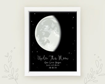 Onder deze maan gepersonaliseerde maan fase kunst print, nieuwe baby aankondiging, hemelse huwelijksverjaardag cadeau, aangepaste afdrukbare PDF
