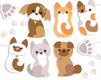 PDF, PNG, SVG Printable Cats and Dogs banner, Party Decor, craft and cricut cut files for Pet Garlands, Finger Puppets, Stickers