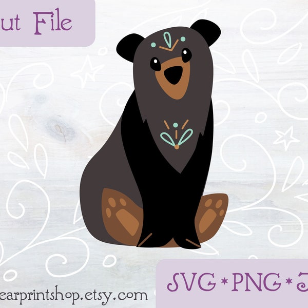 SVG Black Bear, woodland animals cut file for Cricut, Silhouette, PNG, JPG forest creature clip art