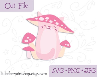 SVG Mushroom Cat cut file for Cricut, Silhouette, PNG, JPG cute kitty clip art
