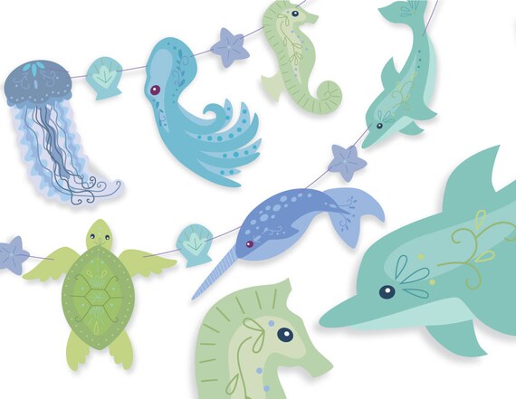 Printable Diy Blue Green Sea Creatures Party Decorations Etsy