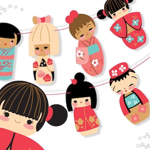 diy Printable Kokeshi Dolls Garland, PDF, SVG, PNG download, Japan clip art for Party Decorations, Scrapbooking, Finger Puppets and More image 1