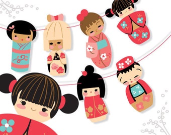diy Printable Kokeshi Dolls Garland, PDF, SVG, PNG download, Japan clip art for Party Decorations, Scrapbooking, Finger Puppets and More