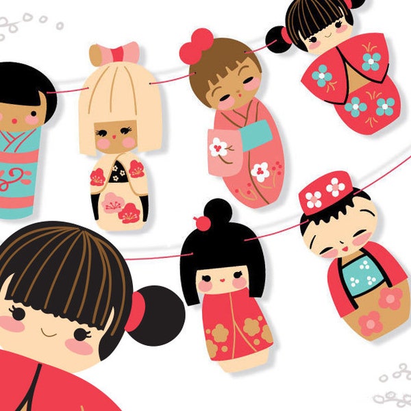 diy Printable Kokeshi Dolls Garland, PDF, SVG, PNG download, Japan clip art for Party Decorations, Scrapbooking, Finger Puppets and More