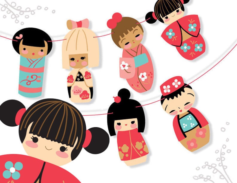 diy Printable Kokeshi Dolls Garland, PDF, SVG, PNG download, Japan clip art for Party Decorations, Scrapbooking, Finger Puppets and More image 1