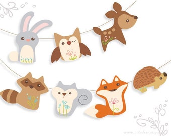 Printable Woodland animals PDF, SVG, PNG Party Decoration files for Baby Shower Garlands, Finger Puppets, Stickers, Cupcake Toppers