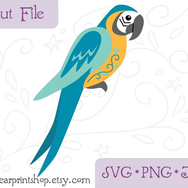 SVG Macaw cut file for Cricut, Silhouette, PNG, JPG tropical bird, parrot clip art