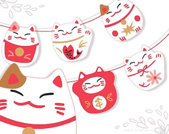 Printable Lucky Cats Banner, diy PDF, SVG, PNG download, Chinese New Year Maneki Neko clip art, Party Decorations, Finger Puppets and More
