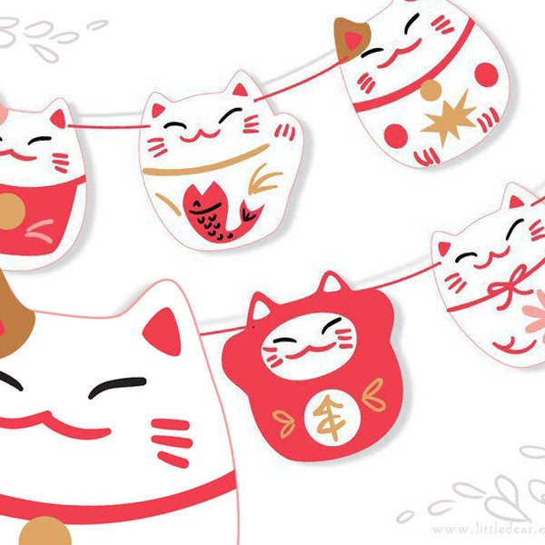 Printable Lucky Cats Banner, diy PDF, SVG, PNG download, Chinese New Year Maneki Neko clip art, Party Decorations, Finger Puppets and More