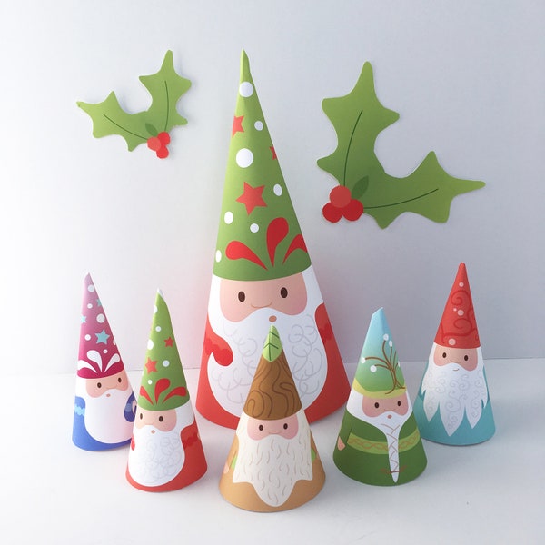 Printable Woodland Gnomes PDF, PNG, SVG diy digital art files, Santa Claus Garland, Christmas Holiday Decorations, Finger Puppets, Ornaments