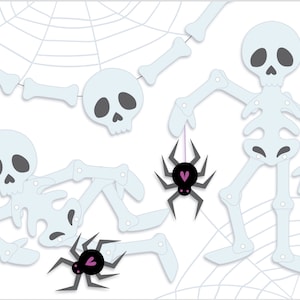 SVG Skelly and Spidey Halloween cut files for Cricut, Silhouette, jointed paper doll skeleton, spider