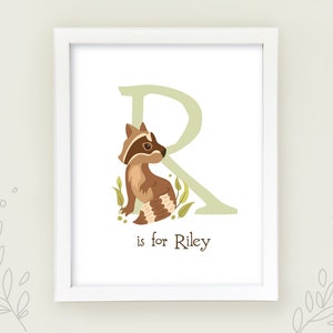 Personalized Woodland Animal Initial Name art print, customized with your Child's Name, printable nursery wall art