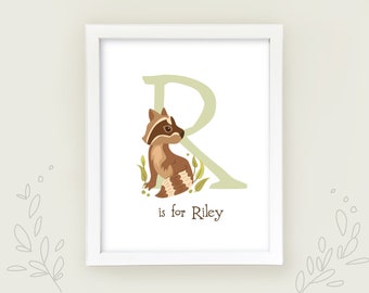 Personalized Woodland Animal Initial Name art print, customized with your Child's Name, printable nursery wall art