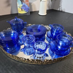 Vintage Akro Agate Cobalt Blue Child's Miniature Tea Set