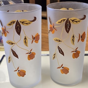 May include: Two frosted glass tumblers with floral designs. The glasses feature a pattern of brown, yellow, and orange flowers and leaves. The tumblers are cylindrical and appear to be vintage.