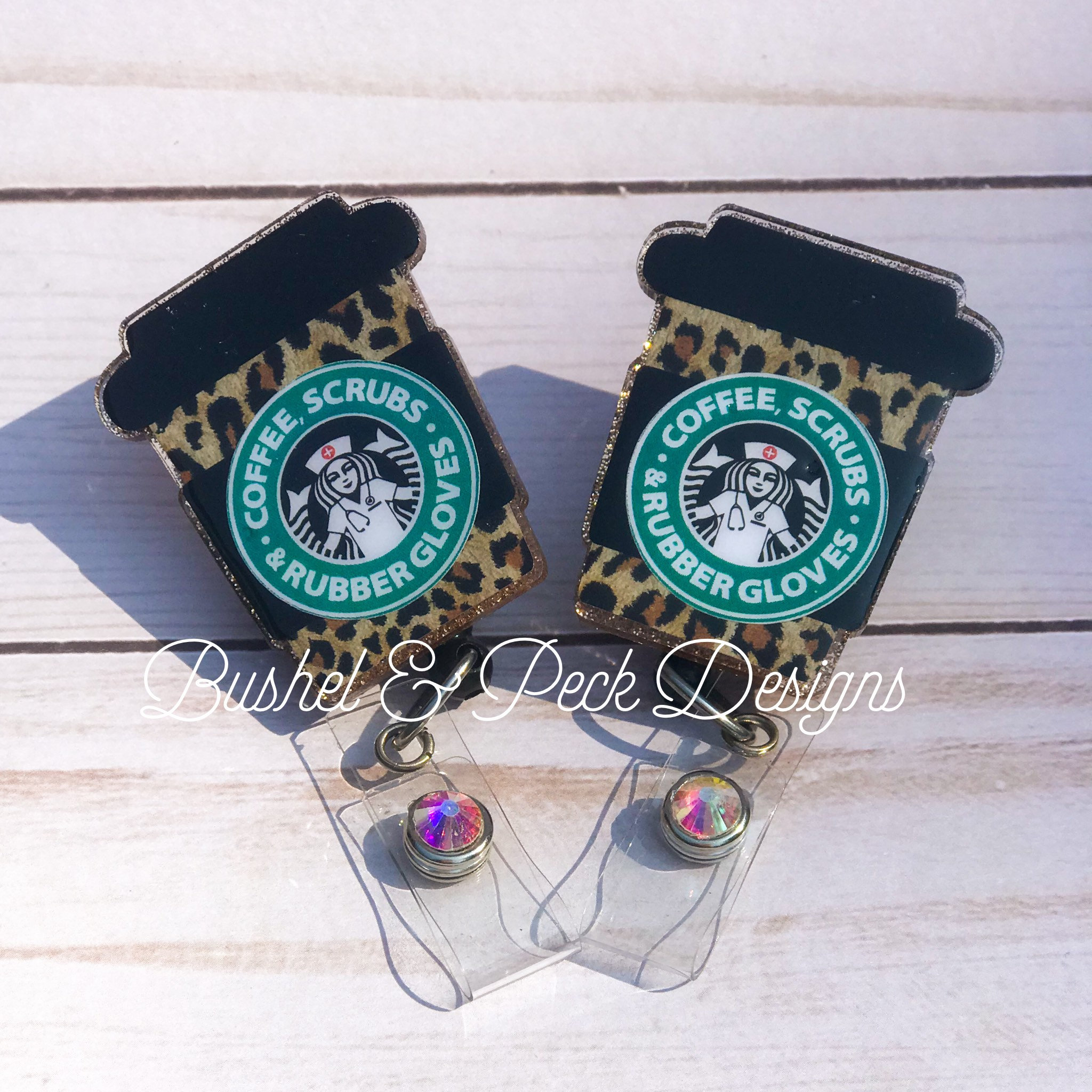 Glitter badge reel, coffee scrubs and rubber gloves, personalized bad…