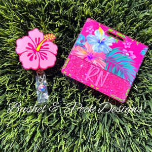 Glitter Badge Buddy | Summer Flower Badge Reel | Hibiscus Badge Holder | Nurse ID Reel | Cute Badge Accessory