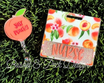 Glitter Badge buddy/ badge buddy/summer badge buddy/peach badge buddy/peachy badge reel