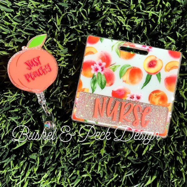 Glitter Badge buddy/ badge buddy/summer badge buddy/peach badge buddy/peachy badge reel