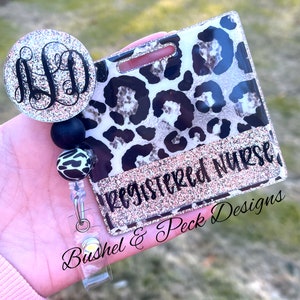Glitter badge buddy/silver leopard badge buddy/ badge reel set/ badge buddy set/ beaded badge reel