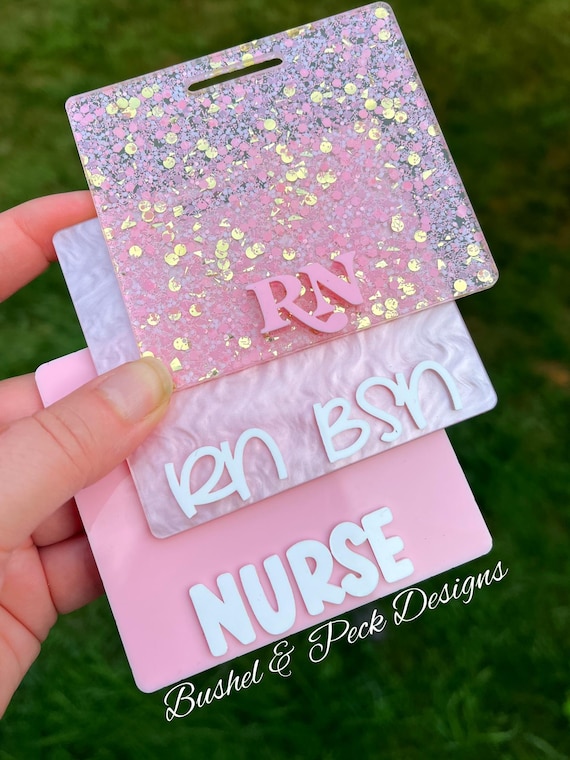 Acrylic Badge Buddy, Personalized Badge Holder, Gift for Nurse, RN, Doctor, Technician, glitter badge buddy, RN, Pale pink collection