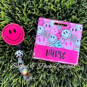 Glitter Badge buddy/smile badge buddy/happy badge reel/rn id tag/hot pink