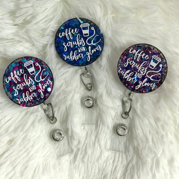 Glitter Badge Reel, Coffee Scrubs and Rubber Gloves, Personalized