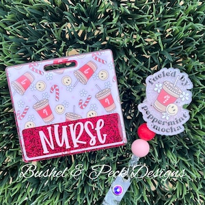Christmas Glitter badge buddy/peppermint mocha badge buddy/ badge reel set/ badge buddy set/ beaded badge reel