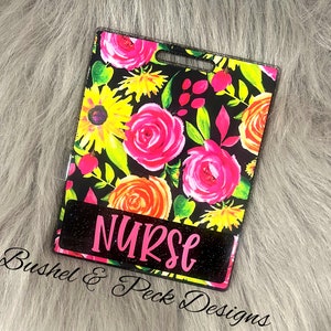 Glitter Badge buddy/ badge buddy/floral badge buddy/Id tag/summer badge buddy/black