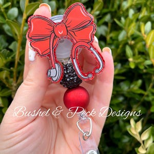 Glitter Badge Reel - Personalized Red Bow Badge Reel, Custom Nurse Badge Holder, Coquette Glittery ID Reel