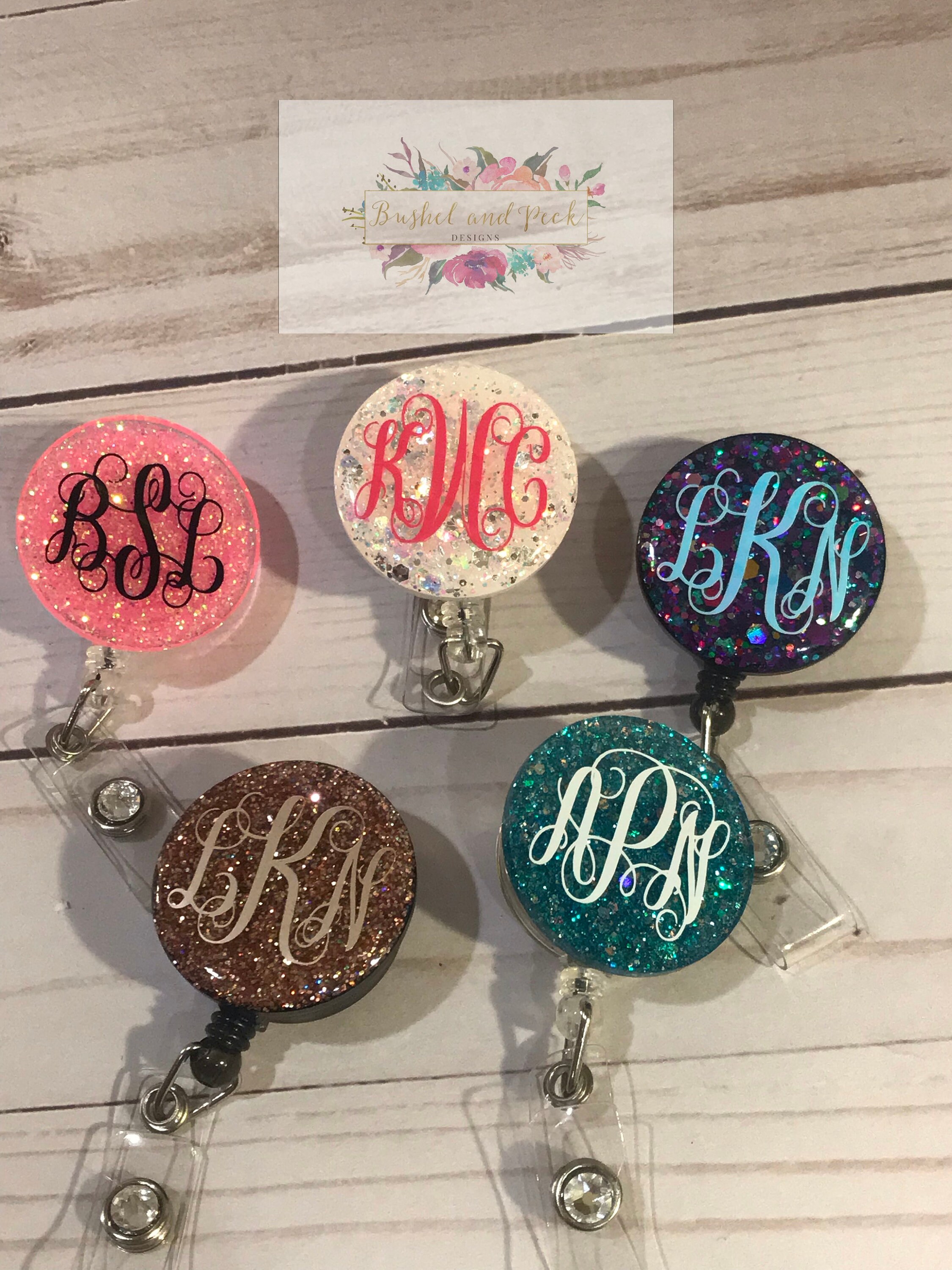Glitter badge reel Monogram badge reel personalized badge Etsy