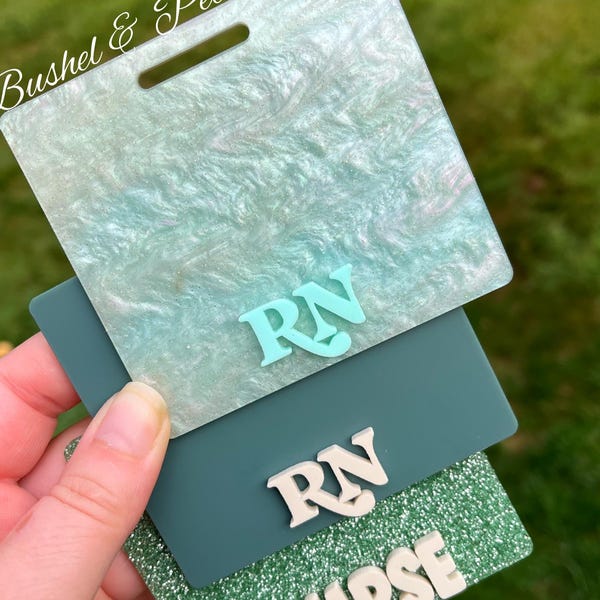 Acrylic Badge Buddy, Personalized Badge Holder, Gift for Nurse, RN, Doctor, Technician, glitter badge buddy, RN, muted sage collection