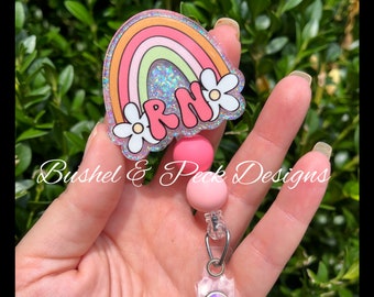 RN Rainbow Glitter Badge Reel: Nurse Gift with Crystal Charm