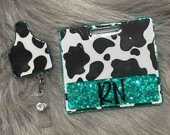 Glitter Badge buddy/ badge buddy/cow print badge buddy/cattle tag badge buddy/cow print badge reel