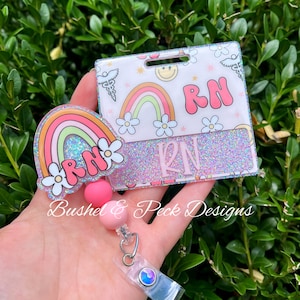 Glitter badge buddy/rn rainbow badge buddy/ badge reel set/ badge buddy set/ beaded badge reel