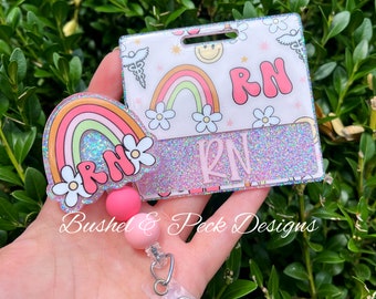 Glitter badge buddy/rn rainbow badge buddy/ badge reel set/ badge buddy set/ beaded badge reel