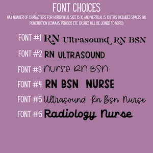 Może przedstawiać: Obraz przedstawiający wyb&oacute;r czcionek do projektowania tekstu. Tekst zawiera frazy "FONT CHOICES", "RN Ultrasound RN BSN", "RN ULTRASOUND", "nurse RN BSN", "RN BSN NURSE", "Ultrasound Rn Bsn Nurse" i "Radiology Nurse". Tło jest w kolorze lawendy.