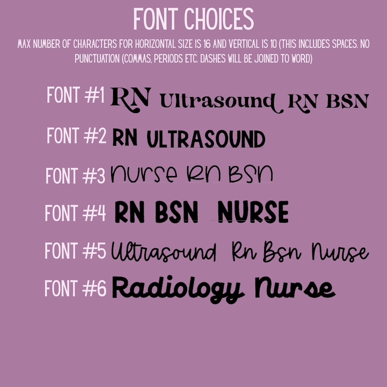 Może przedstawiać: Obraz przedstawiający wyb&oacute;r czcionek do projektowania tekstu. Tekst zawiera frazy "FONT CHOICES", "RN Ultrasound RN BSN", "RN ULTRASOUND", "nurse RN BSN", "RN BSN NURSE", "Ultrasound Rn Bsn Nurse" i "Radiology Nurse". Tło jest w kolorze lawendy.