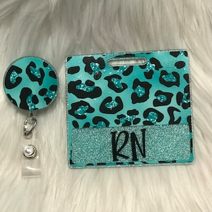 Glitter Badge buddy/ badge buddy/leopard badge buddy/leopard id tag/teal