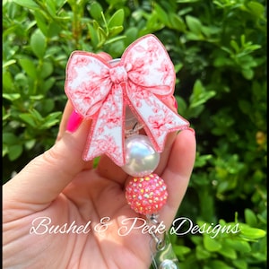Coral Bow badge reel, Glitter badge reel, coquette badge reel, personalized badge reel, nurse badge reel, custom badge reel, badge reel