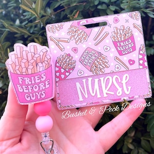 Glitter badge buddy/fries before guys badge buddy/ badge reel set/ badge buddy set/ beaded badge reel/valentines badge reel