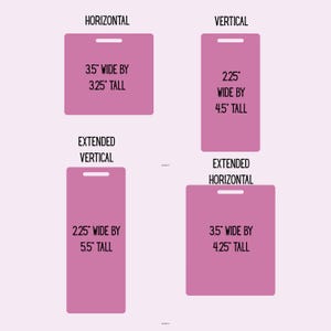 Może przedstawiać: Cztery r&oacute;żowe prostokątne etykiety z zaokrąglonymi rogami i otworem u g&oacute;ry. Etykiety są oznaczone jako "HORIZONTAL" (8,9 cm szerokości na 8,3 cm wysokości), "VERTICAL" (5,7 cm szerokości na 11,4 cm wysokości), "EXTENDED VERTICAL" (5,7 cm szerokości na 14 cm wysokości) i "EXTENDED HORIZONTAL" (8,9 cm szerokości na 10,8 cm wysokości).