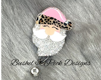 Santa badge reel, Glitter badge reel, christmas badge reel, personalized badge reel, nurse badge reel, custom badge reel, pink leopard