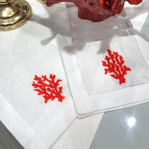 Set of 6 Coral Hand Embroidered Cocktail Napkins,  Wedding Napkin Set, Cloth Napkins, Reusable Cocktail Napkins, Linen Cocktail Napkins