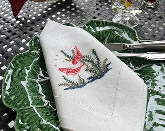 Fish Embroidered Linen Dinner Napkin, Embroidered Marine Life Linen Cloth Dinner Napkins