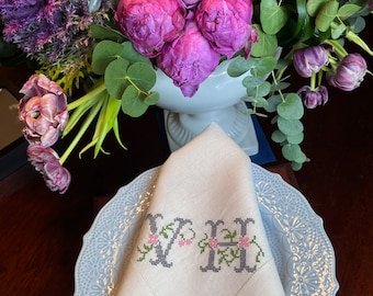 Servilleta reutilizable de lino bordado con monograma, servilletas de boda de tela personalizadas, bordado de monograma con letras de punto de cruz