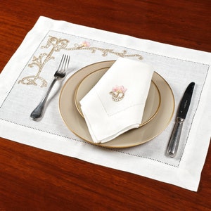Set of 6 Baroque Hand Embroidered Linen Placemat and Napkin, Reusable Napkin Set, Luxury Placemat Set,