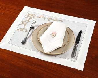 Set di 6 tovagliette e tovaglioli in lino ricamati a mano in stile barocco, set di tovaglioli riutilizzabili, set di tovagliette di lusso,