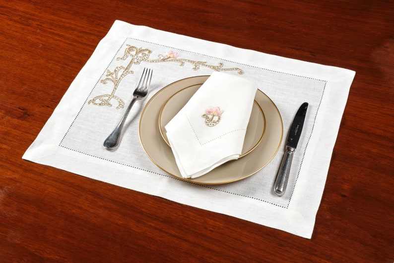 Baroque- Hand Embroidered Linen Placemat and Napkin, Sold in set